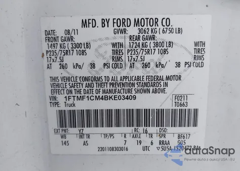 2011 Ford F-150 Xl z USA, uszkodzony, nr VIN 1FTMF1CM4BKE03409